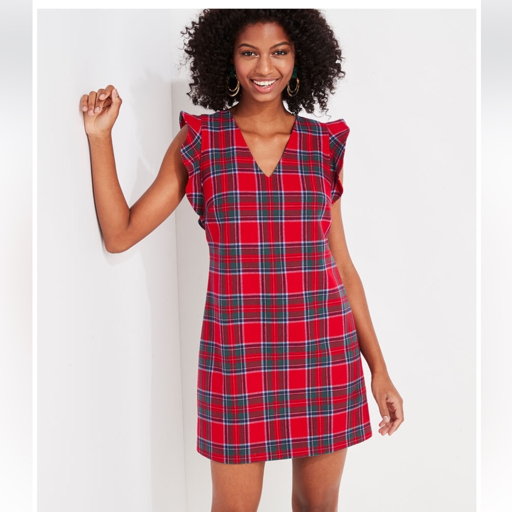 Vineyard Vines Red Tartan Plaid Flutter Sleeve Shift Dress NWT